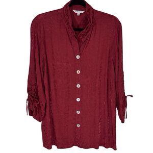 John Mark Button Up Tunic Top Burgundy Red Animal Print Women’s Large Holiday